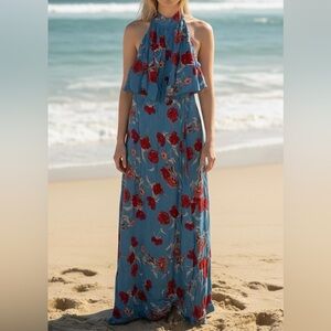 Plum Pretty Sugar Blue Halter Maxi Dress with Red Floral Print